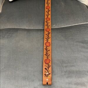 Tan Leather Belt with Burnt Orange Floral Detail